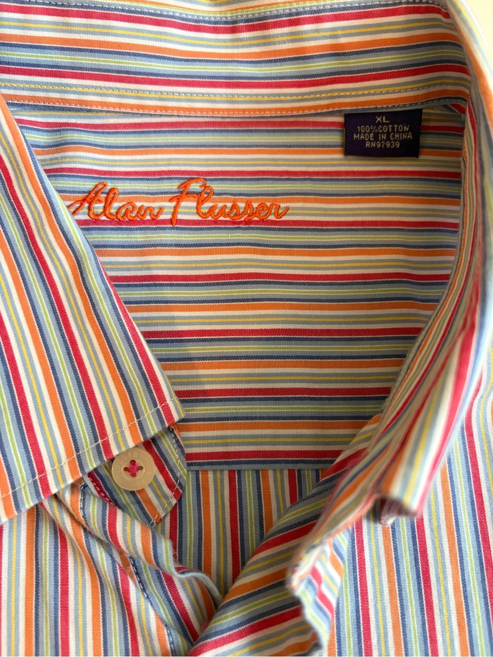 Alan Flusser Men's Button-Up Shirt in Cream with Red and Blue Stripes